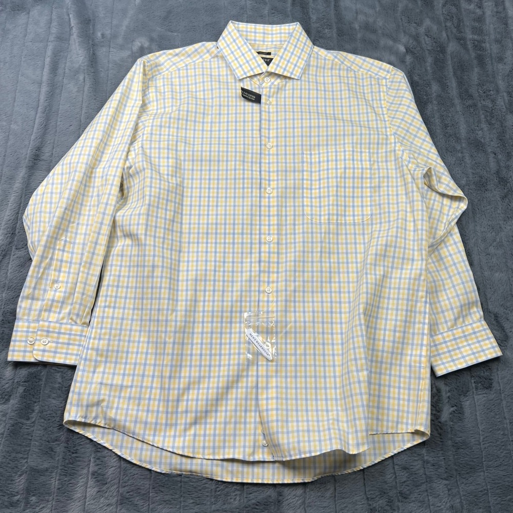 Pronto Uomo Mens Dress Shirt 17 32/33 Yellow Blue Check Non-Iron 80s Cotton